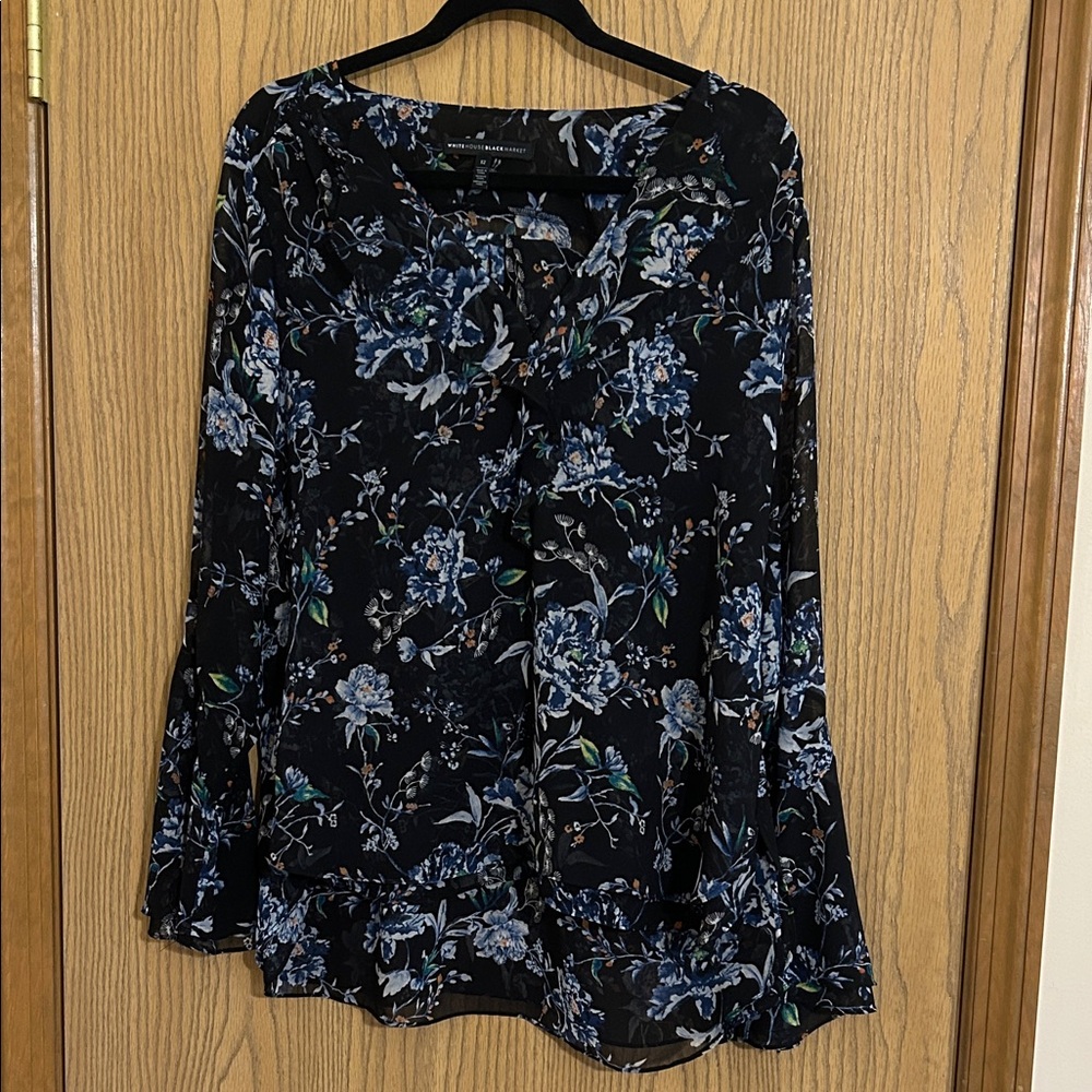 White House Black Market Black and Blue Floral Blouse